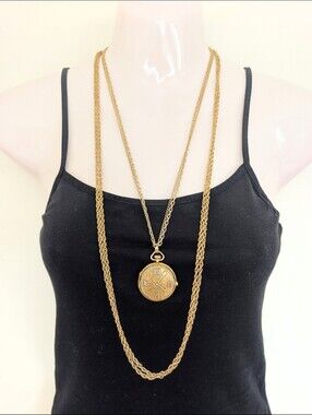 Florenza Vintage Gold Watch Pendent Locket Necklace Costume Jewelry